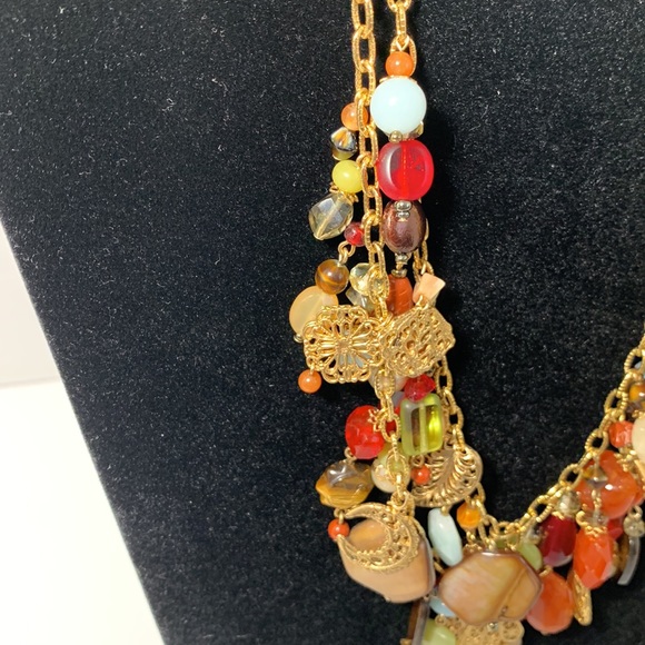 GoldTone Necklace 2 Strand Fall Earthtone Colors Multi Stones Filigree 16.5”+2” - Picture 5 of 11